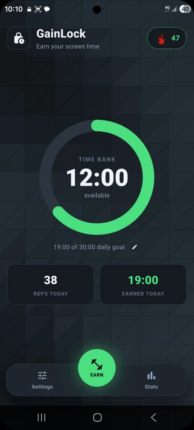GainLock time bank showing earned screen time